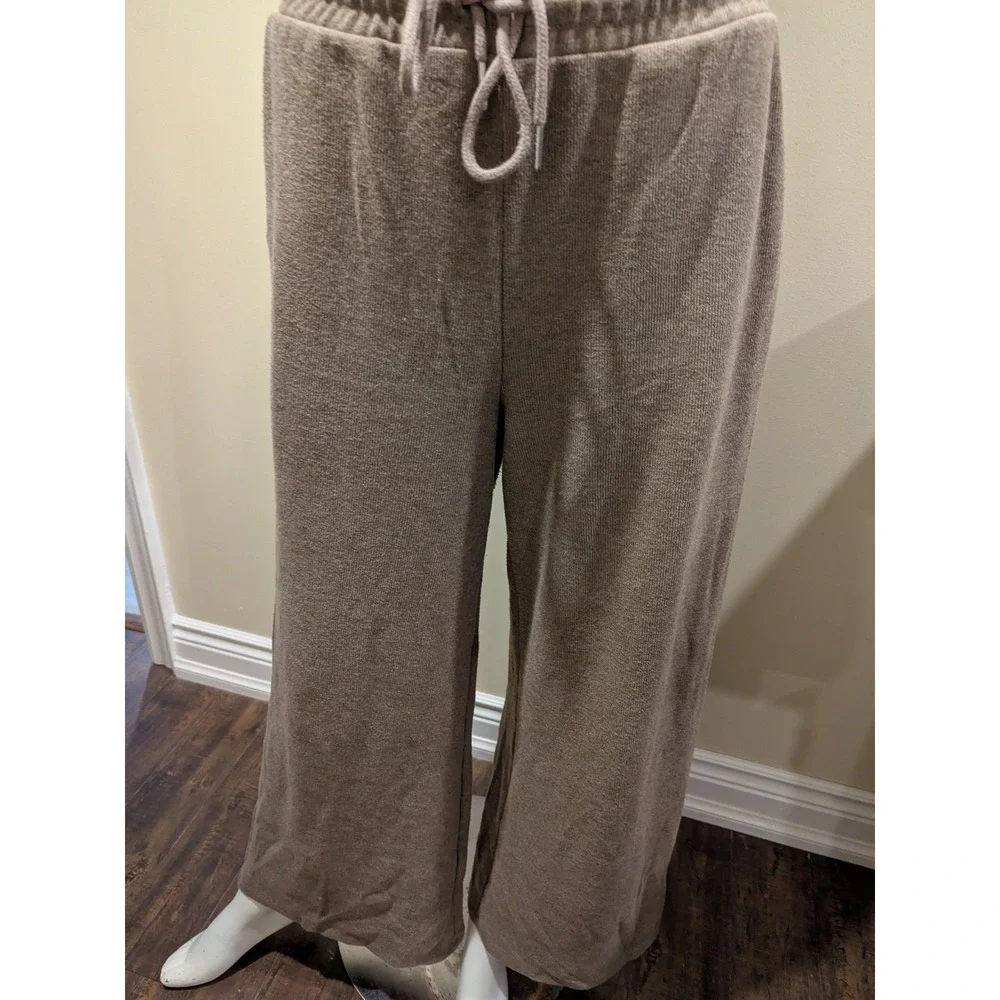 Zara Lounge Pants Beige Taupe Wide Leg Women's Size S Elastic Drawstring Pockets - Picture 7 of 9